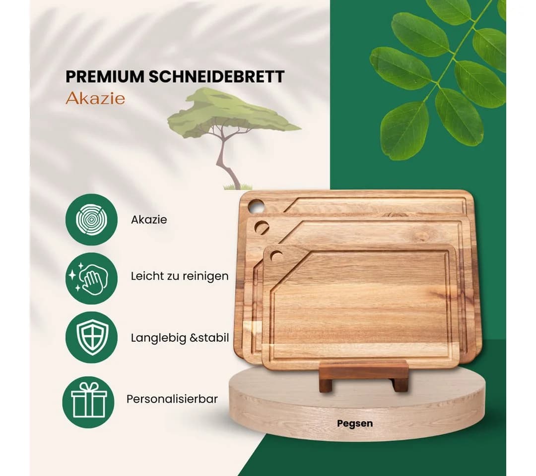 PEGSEN Schneidebrett Set 4-tlg. Akazie Holz mit Saftrille & Ständer - Bild 5