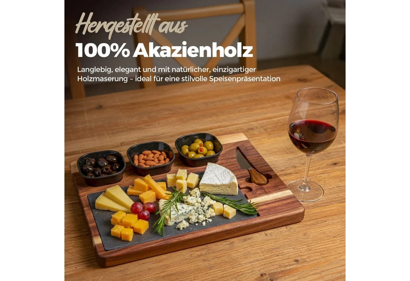 PEGSEN Servierbrett Akazie mit Schieferplatte & Käsemesser
