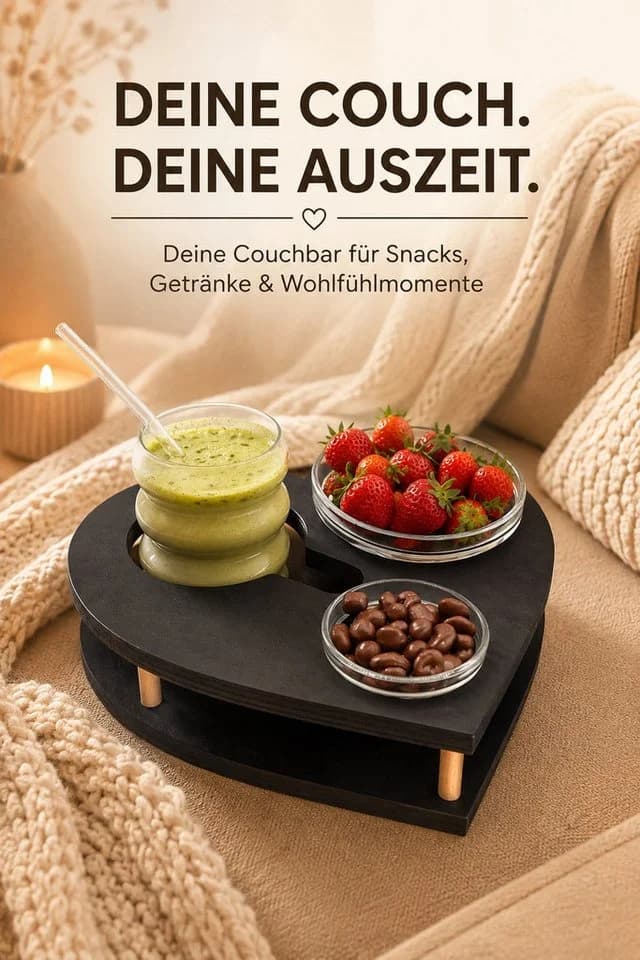 PEGSEN Couchbar Herz aus Birkenholz mit Getränkehalter & 2 Schalen