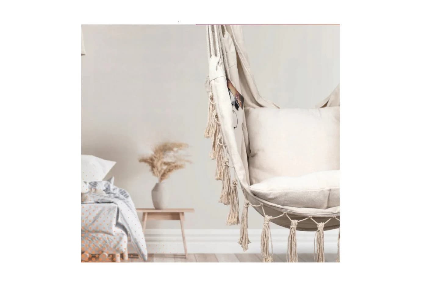 QLS Hängesessel Boho-Stil Beige mit 2 Kissen