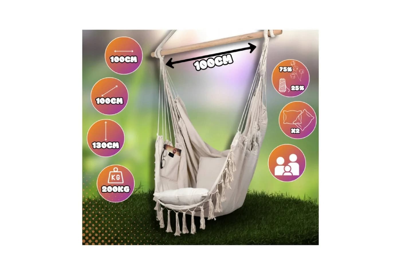 QLS Hängesessel Boho-Stil Beige mit 2 Kissen - Bild 2