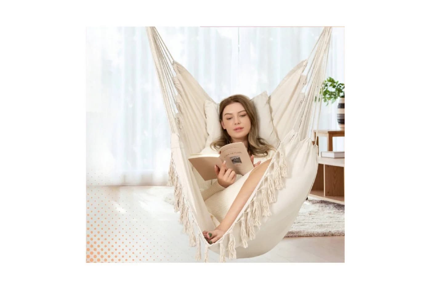 QLS Hängesessel Boho-Stil Beige mit 2 Kissen - Bild 4