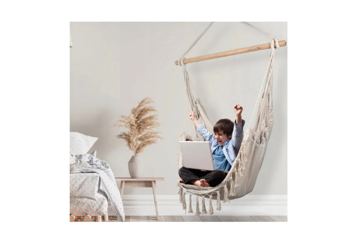 QLS Hängesessel Boho-Stil Beige mit 2 Kissen - Bild 5