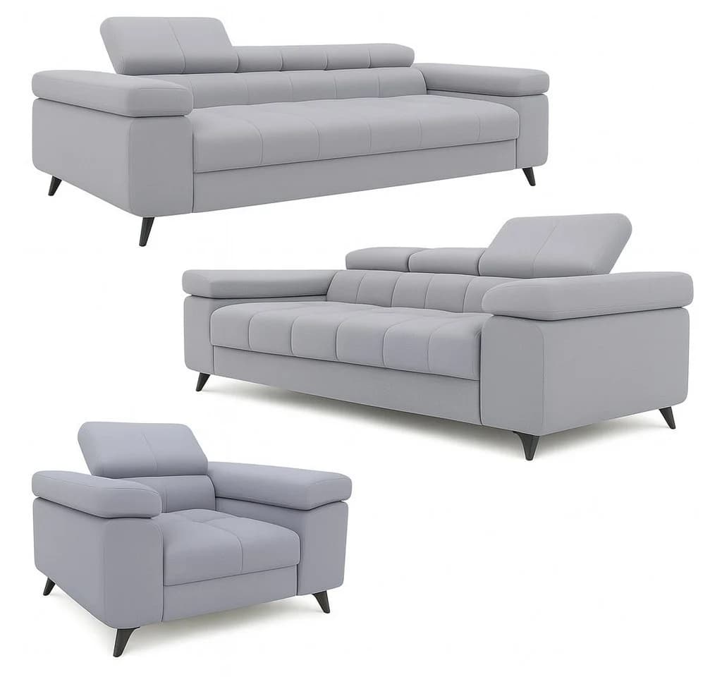 M-Punkt24 Polstergarnitur Sofa 3-2-1 mit Schlaffunktion, Samtstoff Silbergrau, mit Kopfteilverstellung / Rückenverstellung - Bild 2