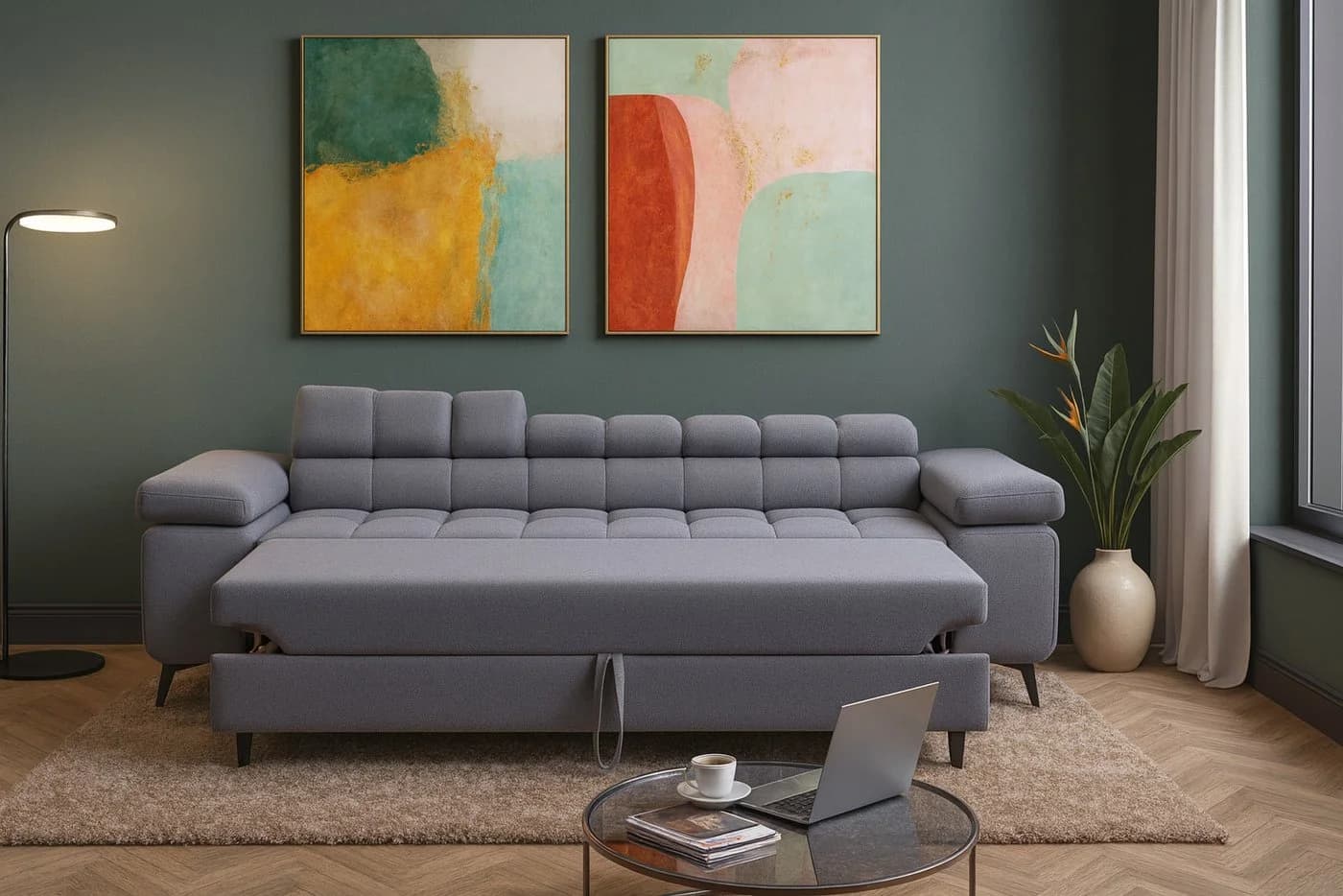 M-Punkt24 Polstergarnitur Sofa 3-2-1 mit Schlaffunktion, Samtstoff Silbergrau, mit Kopfteilverstellung / Rückenverstellung - Bild 3