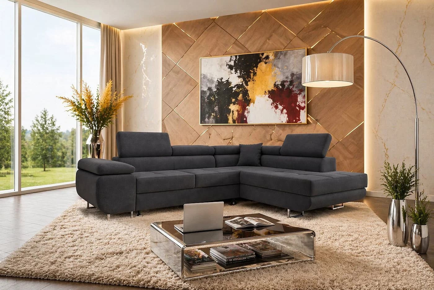 M-Punkt24 Ecksofa DUBAI Samt Anthrazit mit Schlaffunktion & Bettkasten - Bild 2