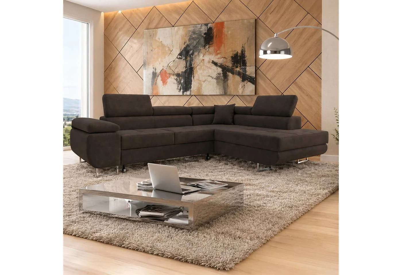 M-Punkt24 Ecksofa DUBAI Samt Braun mit Schlaffunktion & Bettkasten - Bild 3