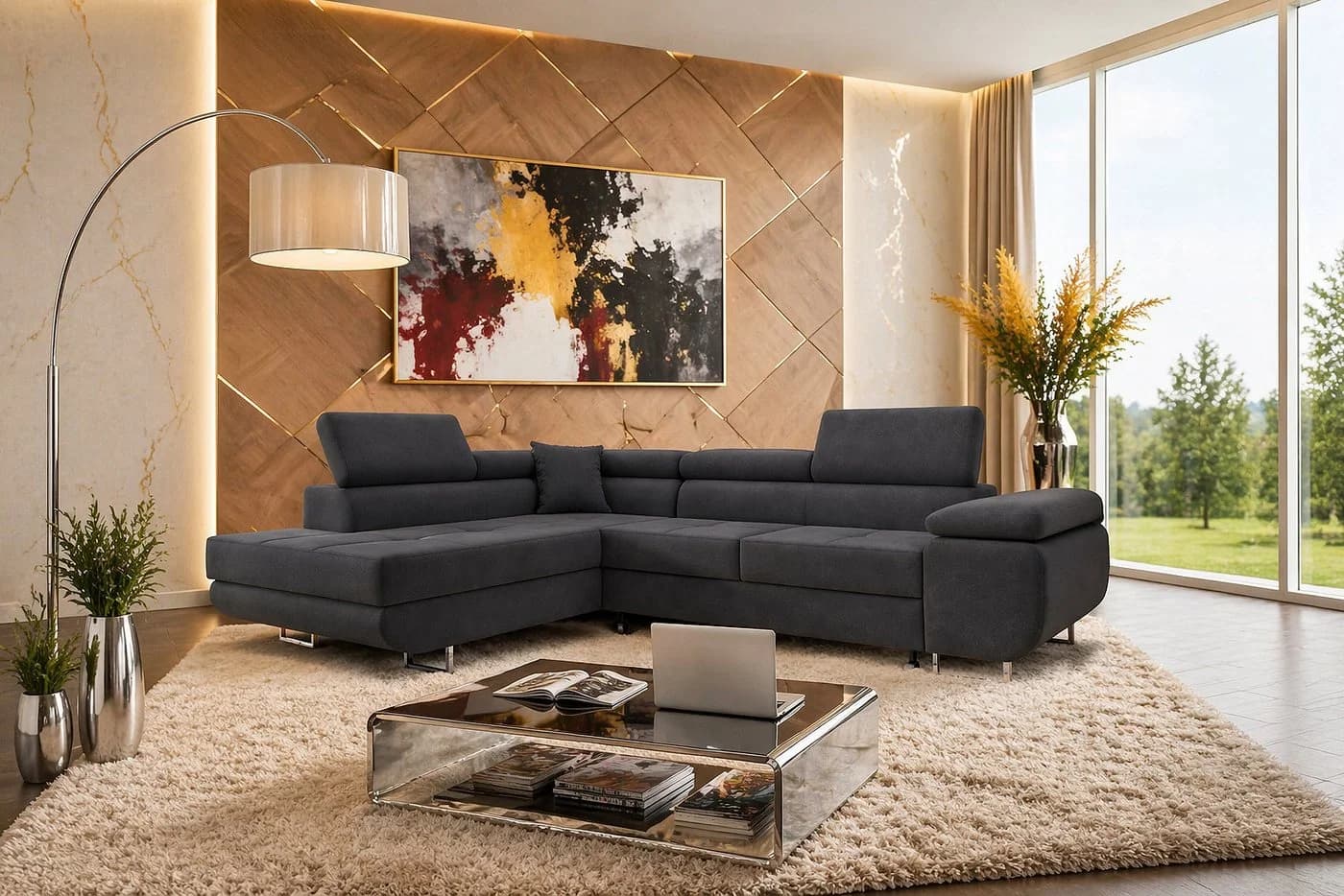 M-Punkt24 Ecksofa DUBAI Samt Anthrazit mit Schlaffunktion und Bettkasten - Bild 2