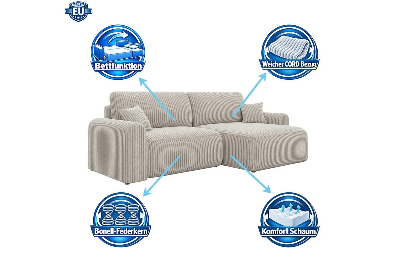 M-Punkt24 Ecksofa ASTI mit Bettfunktion und universeller Ottomane in Creme - Bild 3