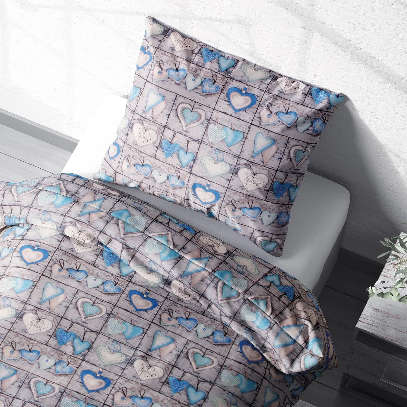 Heubergshop Bettwäsche Seersucker 2-teilig Blau Grau Herzen Landhaus