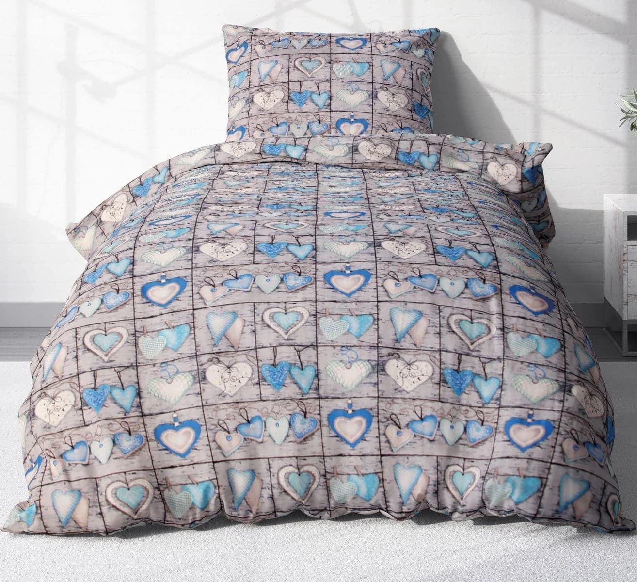 Heubergshop Bettwäsche Seersucker 2-teilig Blau Grau Herzen Landhaus - Bild 2