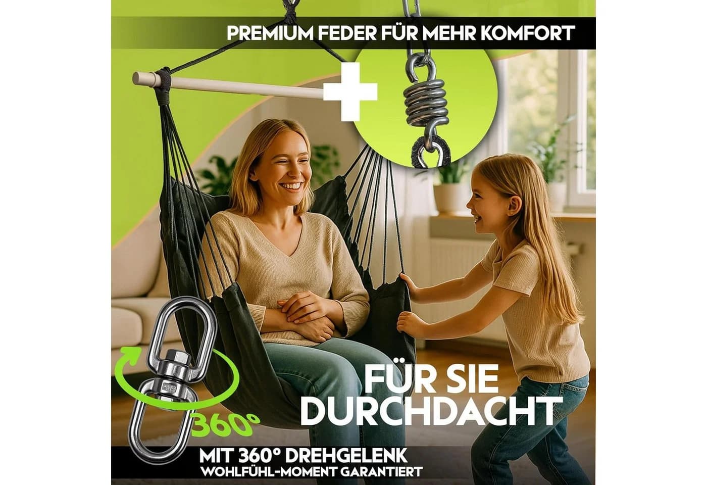 BURI Hängesessel 150kg Tragkraft 360° Drehung mit Kissen & Decke - Bild 4