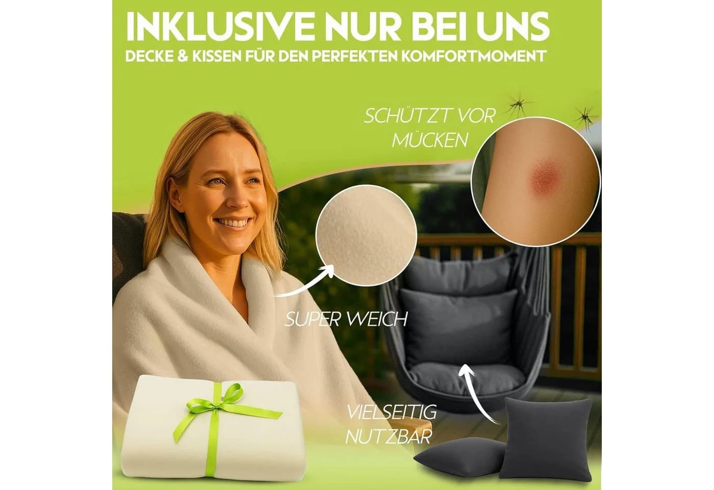 BURI Hängesessel 150kg Tragkraft 360° Drehung mit Kissen & Decke - Bild 5