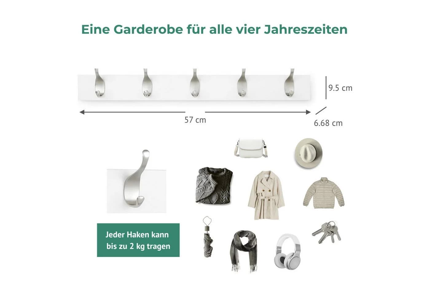 NAIPO Garderobenleiste Alsterwell 57 cm 5-Haken Wandgarderobe Weiß - Bild 3