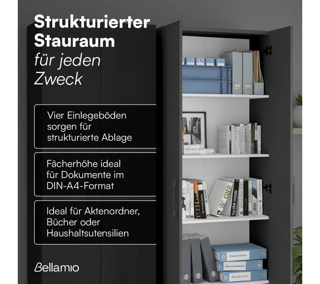 Bellamio Mehrzweckschrank Apol Anthrazitschwarz Aktenschrank 2 Türen 5 Fächer - Bild 3