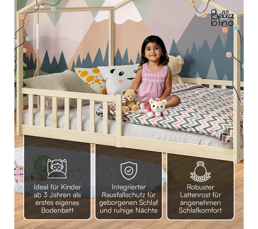 Bellabino Hausbett Bia mit Lattenrost Natur Massivholz Kinderbett - Bild 3