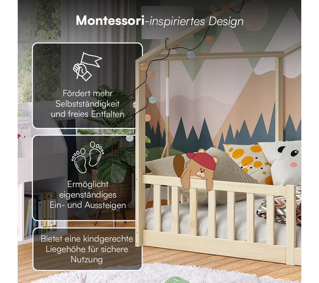 Bellabino Hausbett Bia mit Lattenrost Natur Massivholz Kinderbett - Bild 4