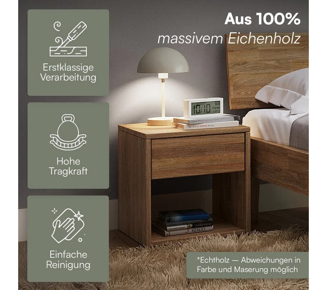 skølm Nachtschrank Floki Eiche Massivholz mit Schublade - Bild 3