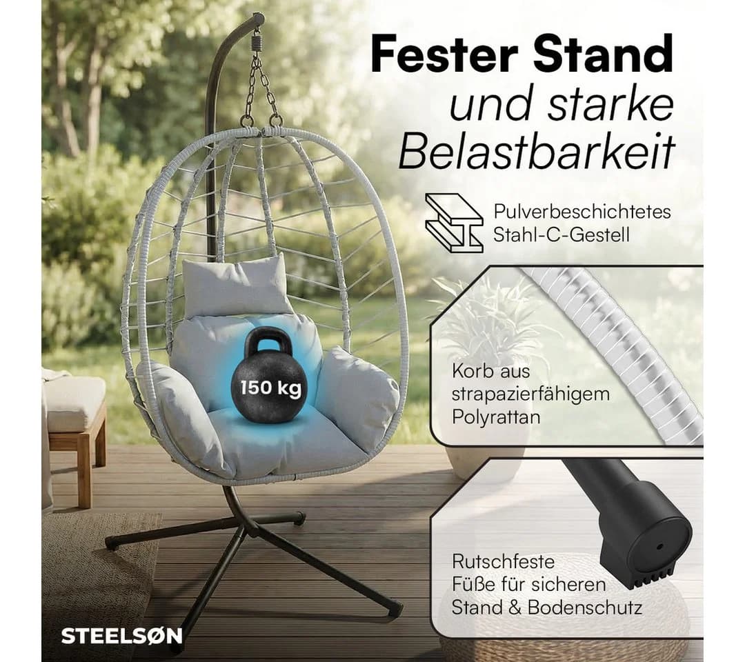 STEELSØN Hängesessel Alarian Grau höhenverstellbar mit Gestell - Bild 3