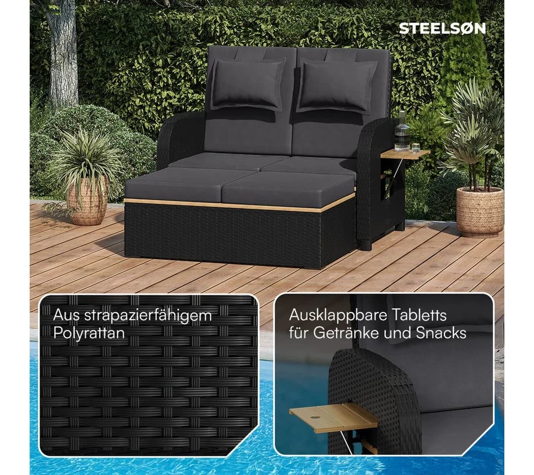 STEELSØN Gartenlounge-Set Caelum Polyrattan Sofa-Bett Schwarz - Bild 3