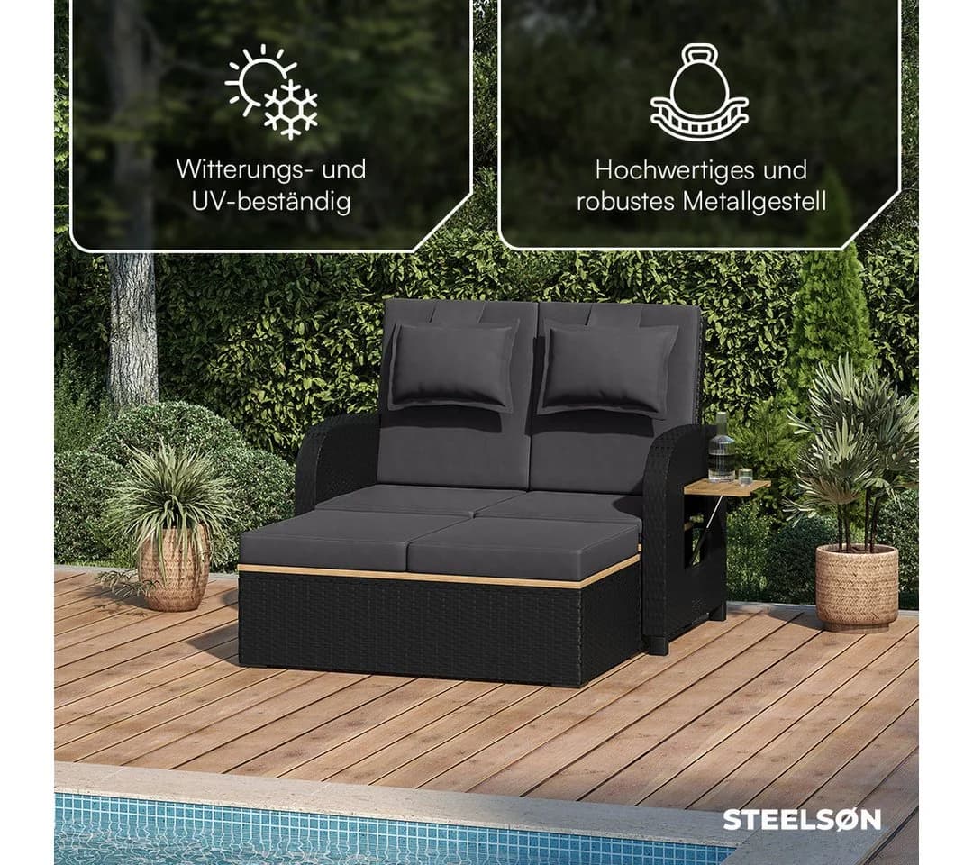 STEELSØN Gartenlounge-Set Caelum Polyrattan Sofa-Bett Schwarz - Bild 4