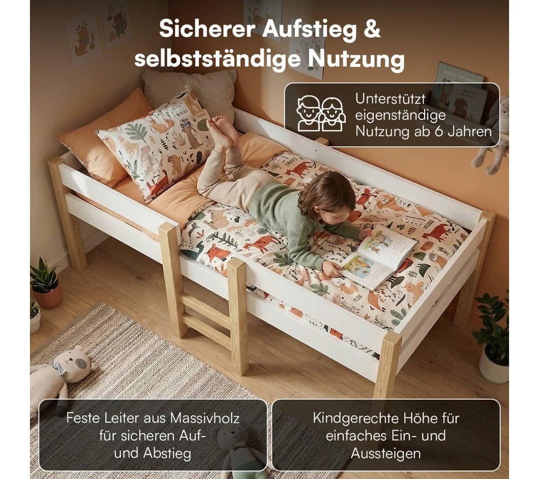 Bellabino Hochbett Aspy mit Rausfallschutz 90x200 cm Natur/Weiß - Bild 3