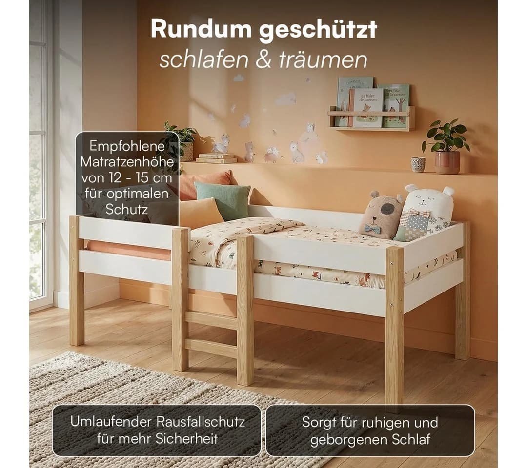 Bellabino Hochbett Aspy mit Rausfallschutz 90x200 cm Natur/Weiß - Bild 4