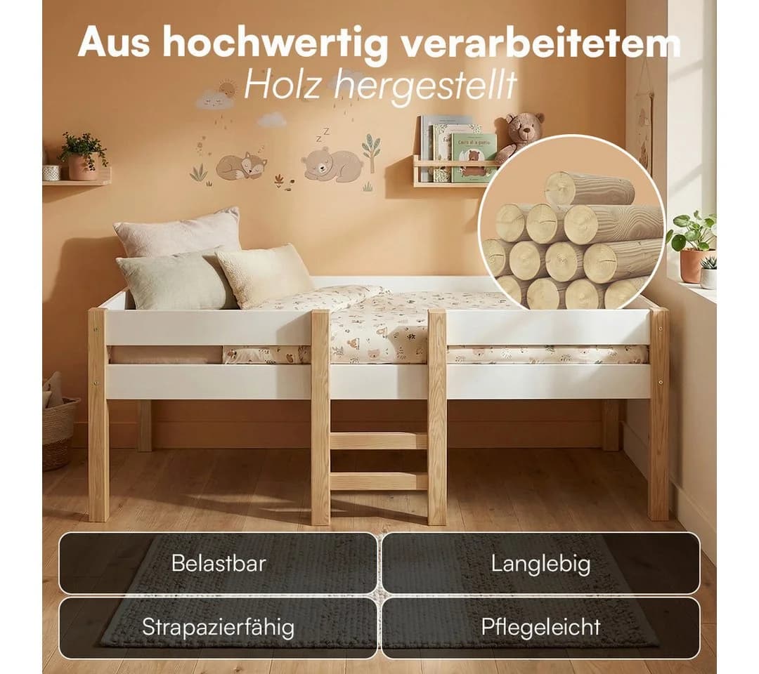 Bellabino Hochbett Aspy mit Rausfallschutz 90x200 cm Natur/Weiß - Bild 5