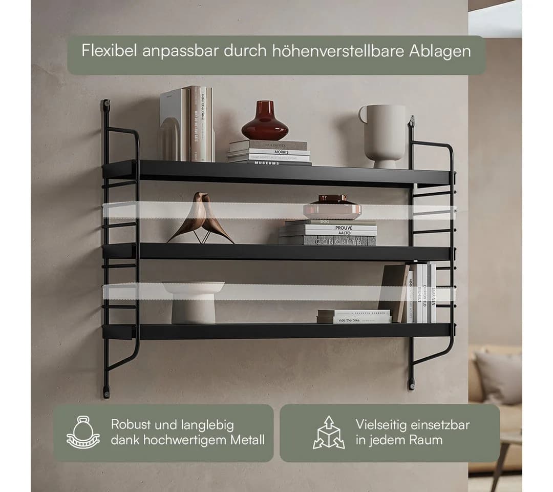 skølm Wandregal Mimir 3 Böden Höhenverstellbar Schwarz Metall - Bild 3