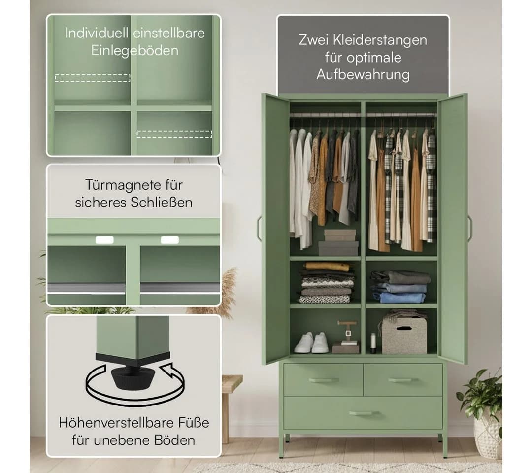 skølm Kleiderschrank Atria Metall Mintgrün 3 Schubladen 2 Kleiderstangen - Bild 3