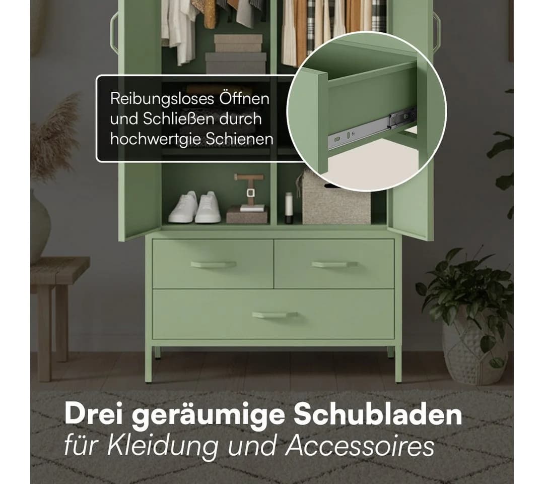 skølm Kleiderschrank Atria Metall Mintgrün 3 Schubladen 2 Kleiderstangen - Bild 5