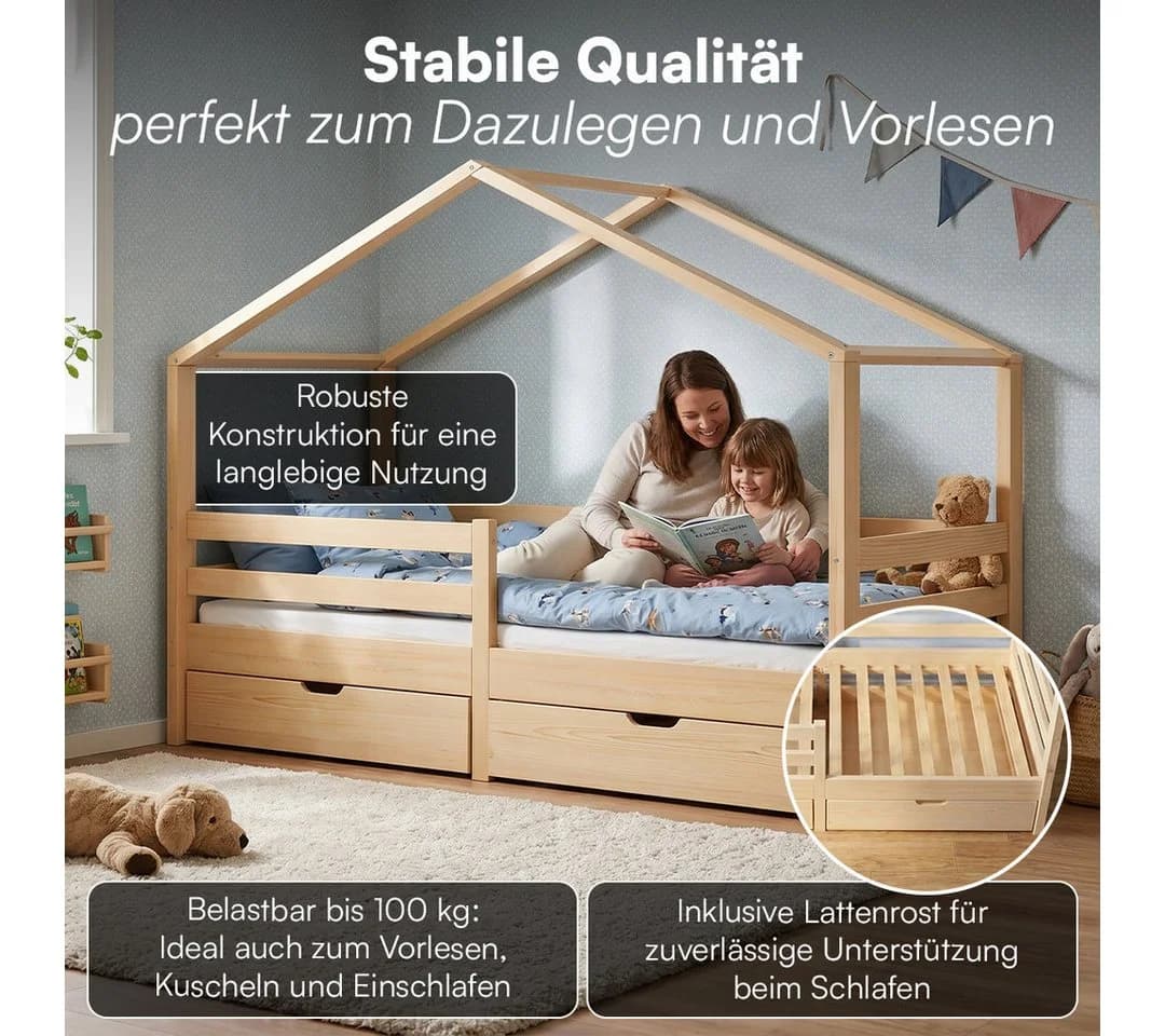 Bellabino Hausbett Abia mit Schubladen und Rausfallschutz Natur