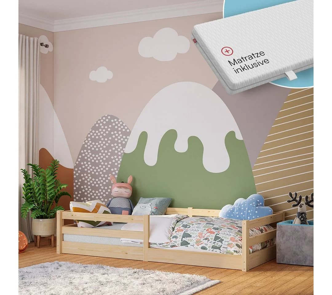 Bellabino Kinderbett Iskri Bodenbett mit Rausfallschutz und Matratze Natur - Bild 2