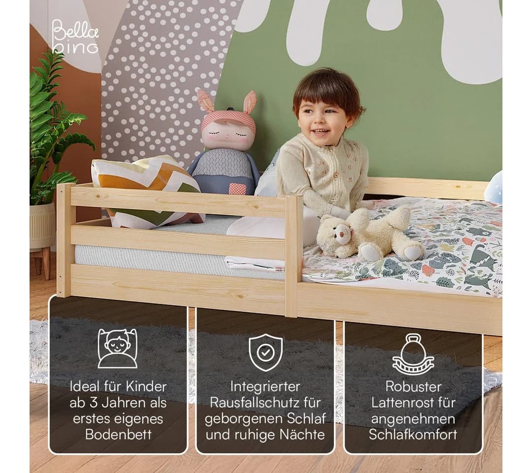 Bellabino Kinderbett Iskri Bodenbett mit Rausfallschutz und Matratze Natur - Bild 3