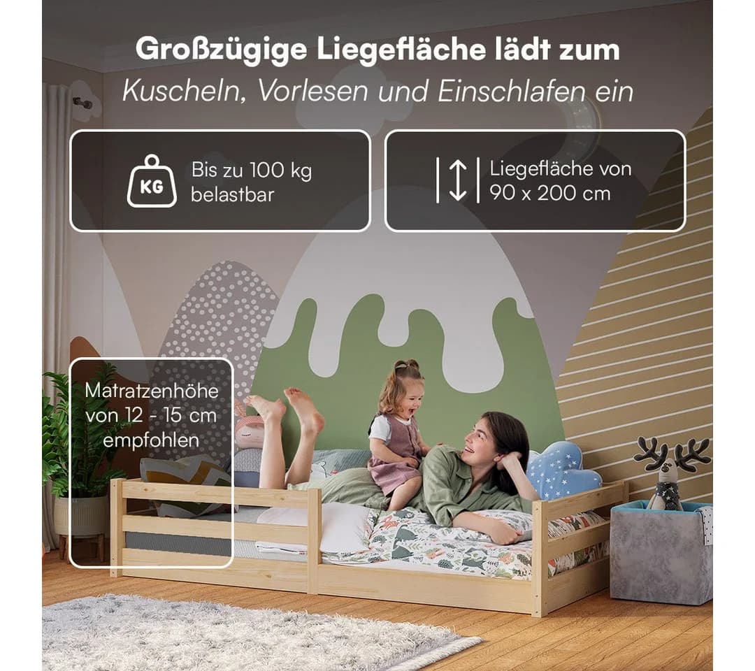 Bellabino Kinderbett Iskri Bodenbett mit Rausfallschutz und Matratze Natur - Bild 5