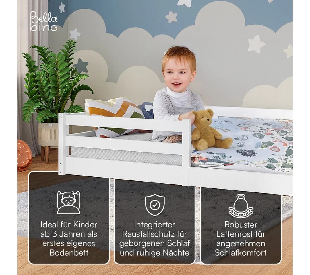 Bellabino Kinderbett Iskri Bodenbett mit Rausfallschutz und Matratze Weiß - Bild 3