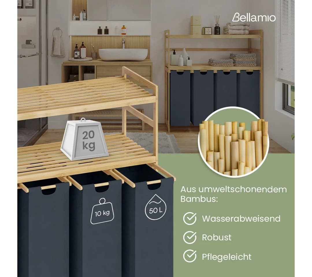 Bellamio Wäschekorb Newa Bambus Dunkelgrau 4 Fächer 200L - Bild 3
