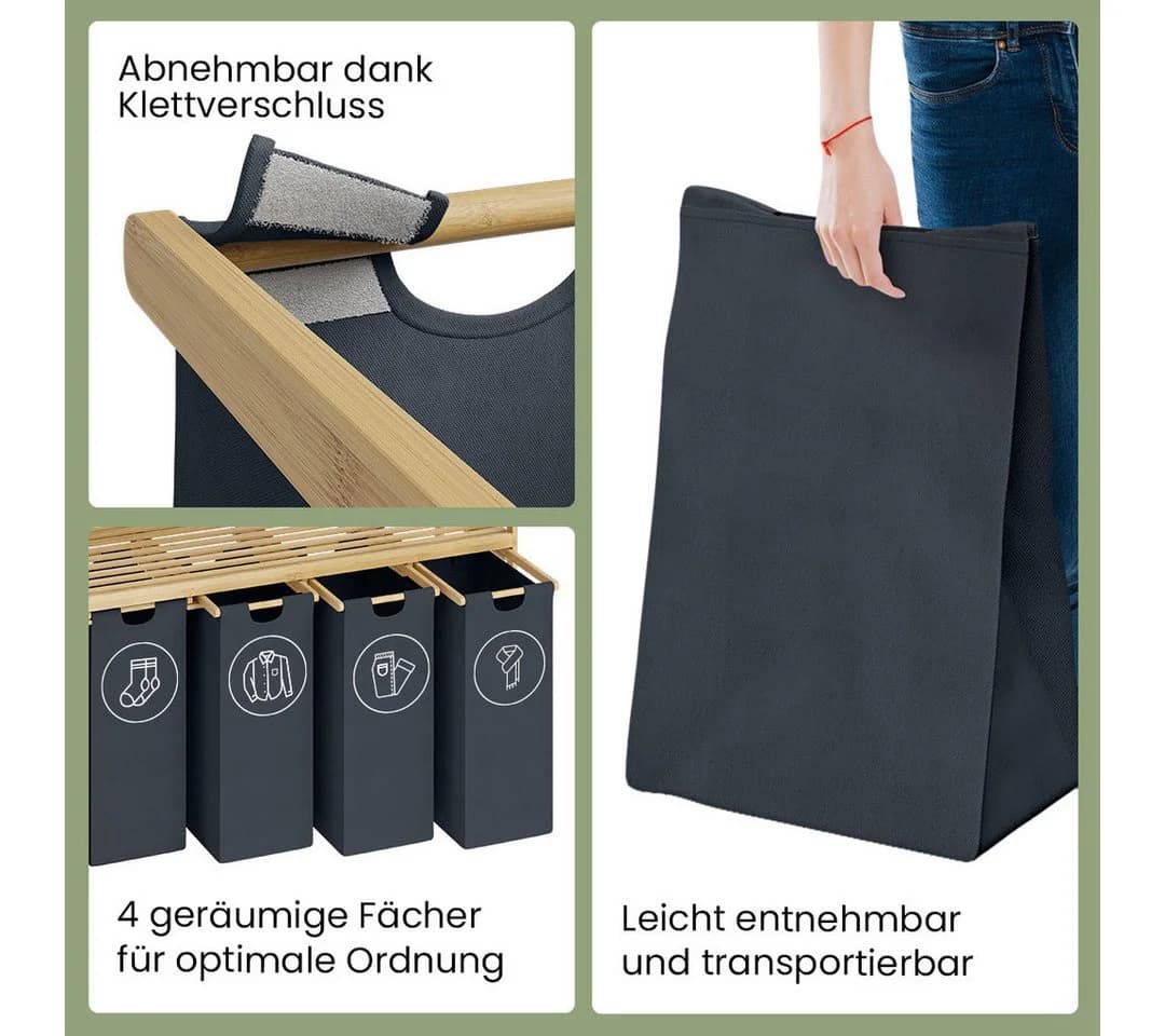 Bellamio Wäschekorb Newa Bambus Dunkelgrau 4 Fächer 200L - Bild 5
