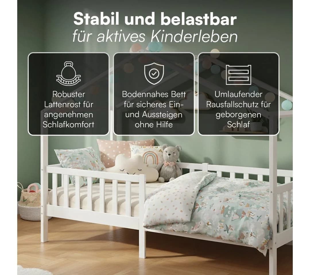 Bellabino Kinderbett Bia mit Rausfallschutz & Lattenrost, Massivholz Kiefer, Weiß - Bild 3