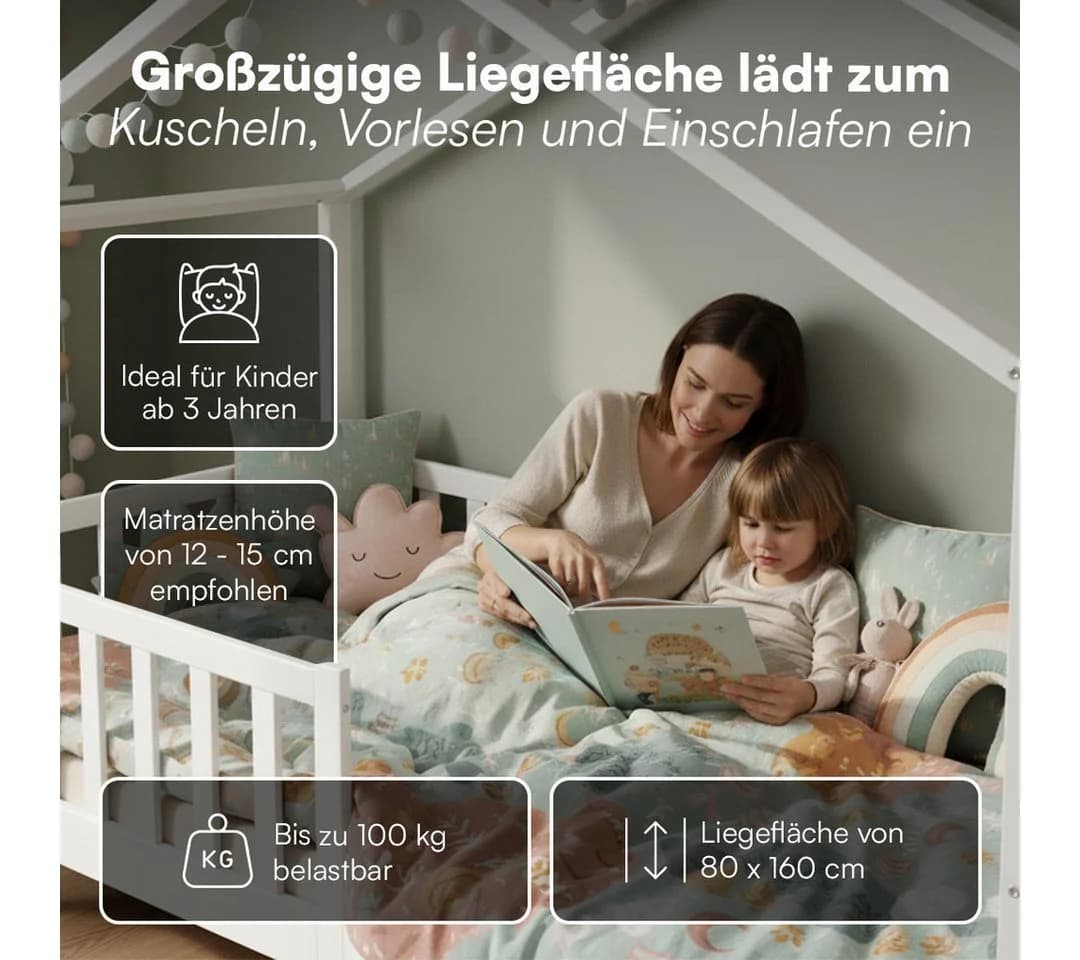 Bellabino Kinderbett Bia mit Rausfallschutz & Lattenrost, Massivholz Kiefer, Weiß - Bild 4