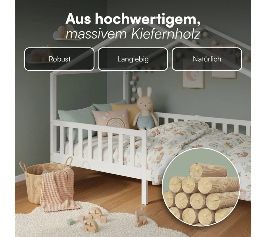 Bellabino Kinderbett Bia mit Rausfallschutz & Lattenrost, Massivholz Kiefer, Weiß - Bild 5