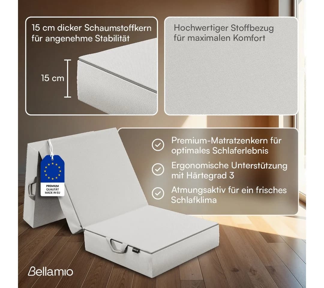 Bellamio Klappmatratze Lomme 90x200 cm Hellgrau 3-teilig