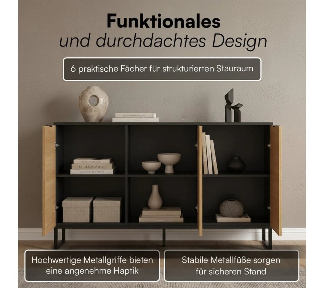 Bellamio Kommode Luvua Schwarz Eichenoptik 135cm Sideboard - Bild 4