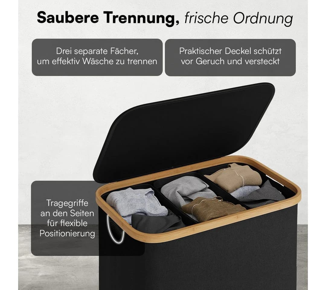 Bellamio Wäschekorb Tolt Schwarz 150L mit 3 Fächern - Bild 3