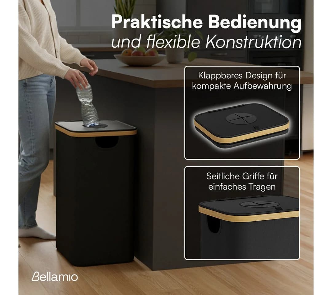 Bellamio Flaschensammler Tolt 100L Stoff & Bambus Schwarz - Bild 3