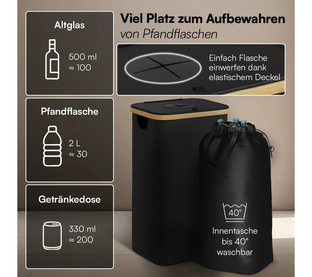 Bellamio Flaschensammler Tolt 100L Stoff & Bambus Schwarz - Bild 5