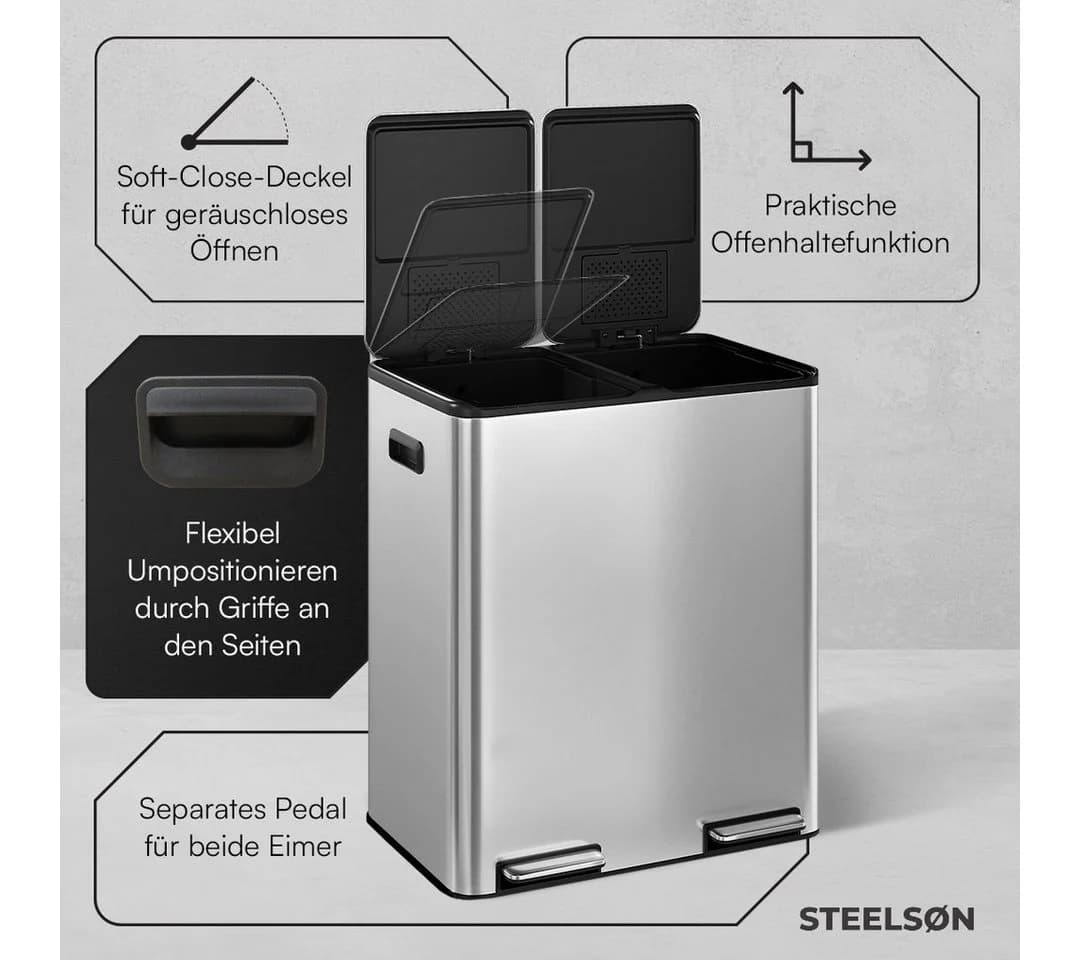 STEELSØN Mülleimer Elyron 2x30 Liter Edelstahl Soft-Close Fußpedal - Bild 4