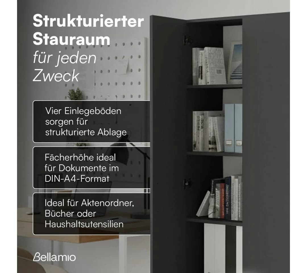 Bellamio Mehrzweckschrank Apol Anthrazitschwarz Aktenschrank 2 Türen 5 Fächer - Bild 3