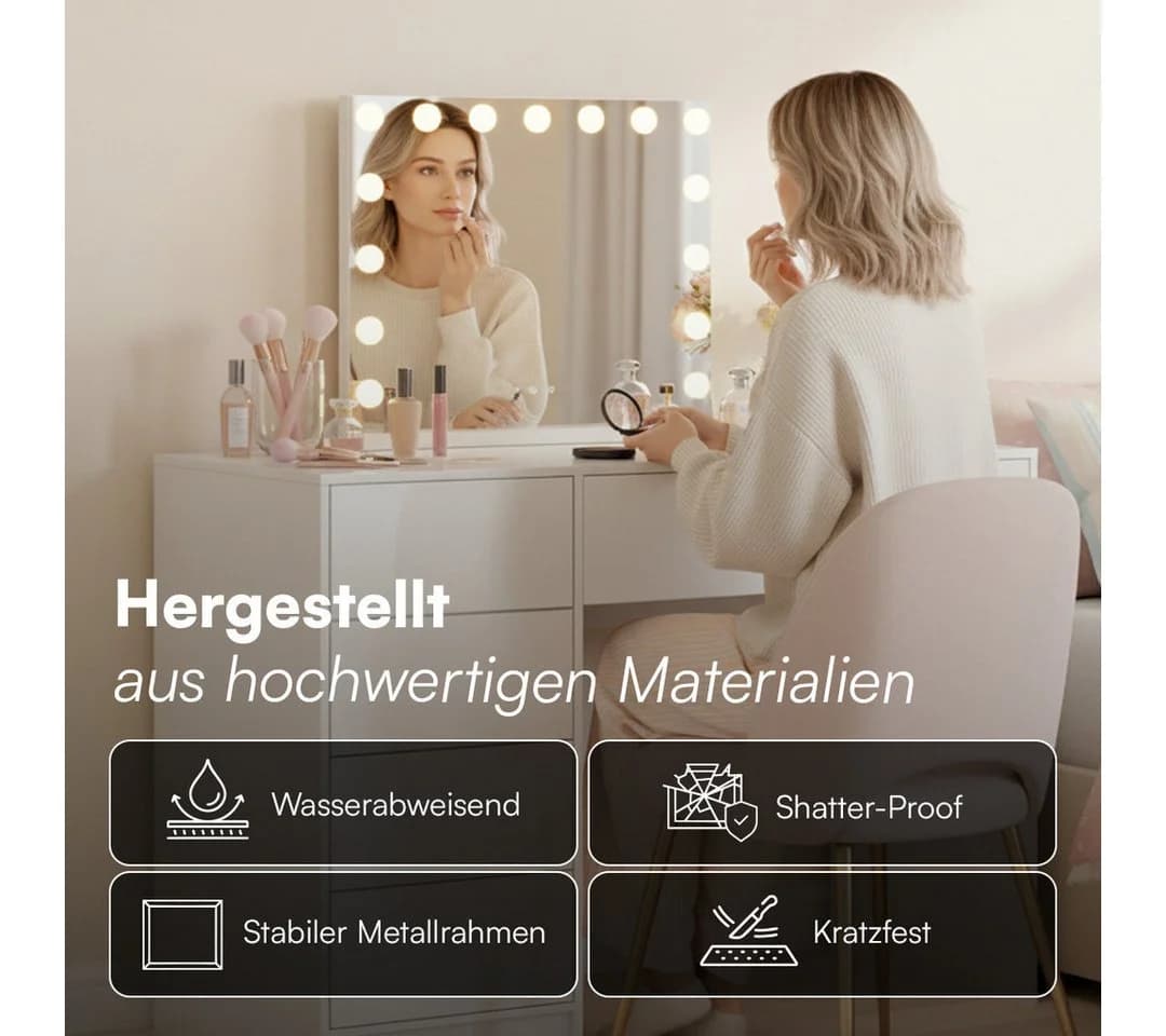 Bellamio Schminktisch Livny mit 5 Schubladen, LED-Hollywood-Spiegel, USB-Anschluss, Weiß - Bild 5