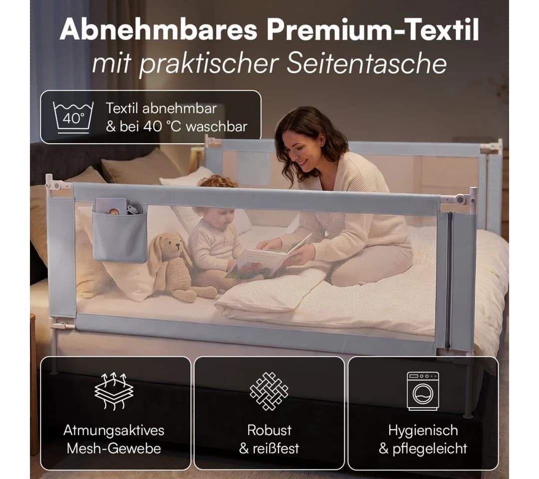 Bellabino Bettschutzgitter Drina höhenverstellbar 69–99 cm Hellgrau - Bild 5